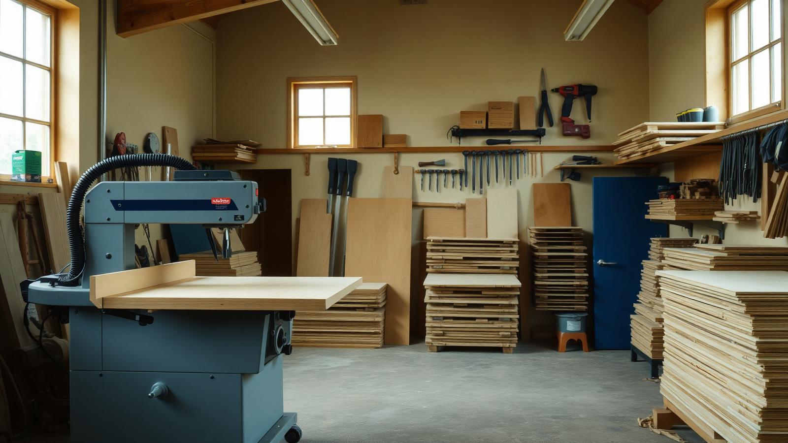 Wnętrze pracowni stolarskiej z materiałami i narzędziami